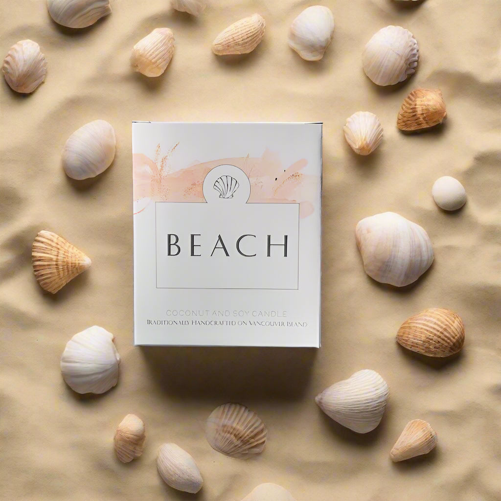 Product packaging labeled 'Beach' with a shell design on a beach and sand background