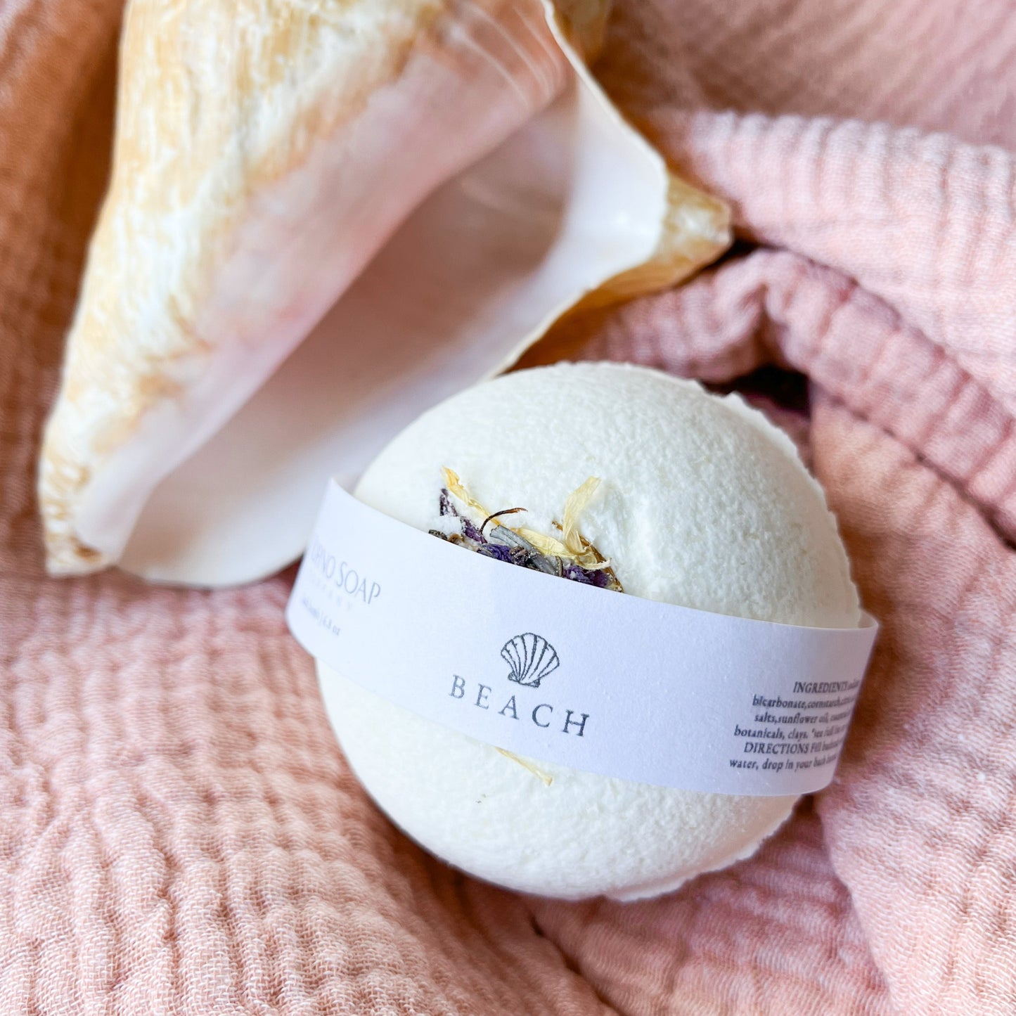 Botanical seashell bath bomb inspired by beaches in Tofino, BC