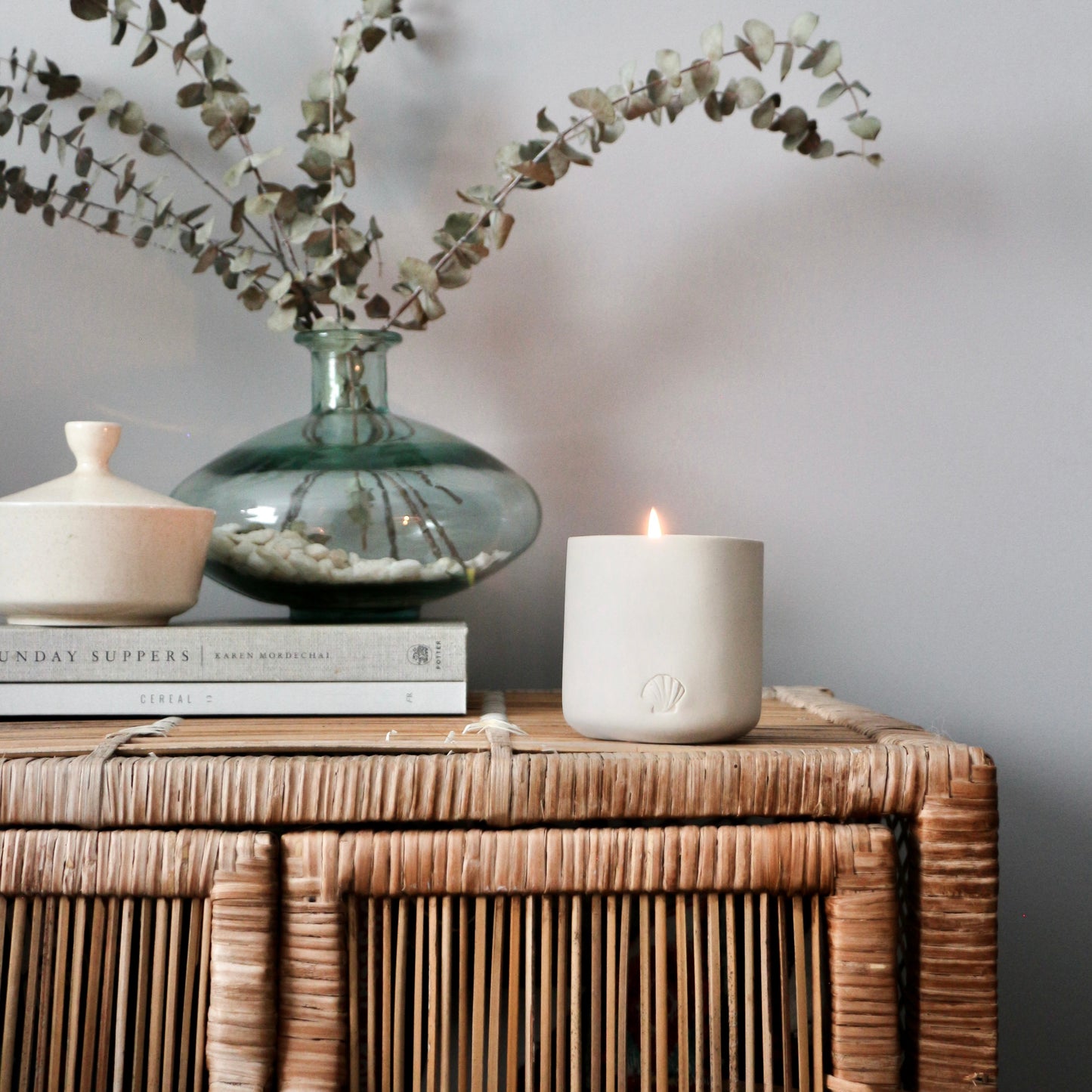 calm ceramic natural candle lit