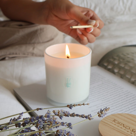 white peace candle with lavender