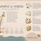A botanical perfume oil label for Jasmine & Neroli by Tofino Soap Company, featuring elegant cream-colored illustrations of jasmine and neroli flowers, green leaves, and detailed text describing the scent notes and ingredients.