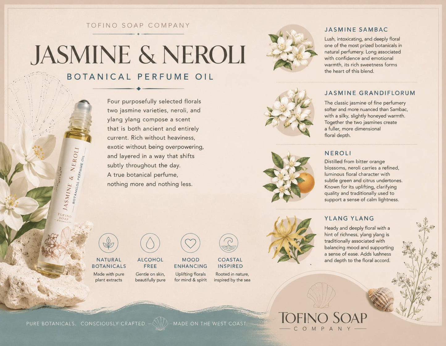 A botanical perfume oil label for Jasmine & Neroli by Tofino Soap Company, featuring elegant cream-colored illustrations of jasmine and neroli flowers, green leaves, and detailed text describing the scent notes and ingredients.