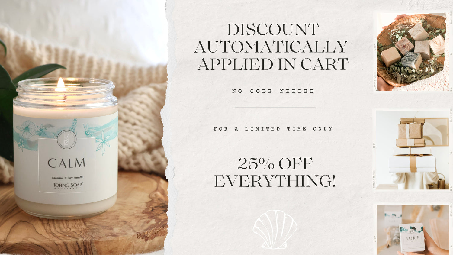 Candle with 'CALM' label on a wooden surface, promotional banner for discount on a white background