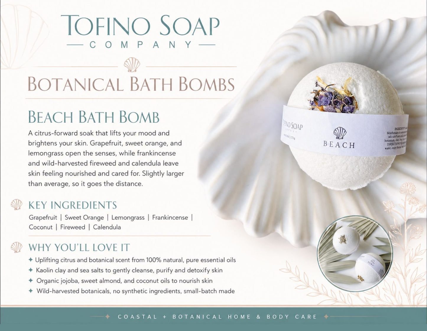 Tofino Soap Company Beach Bath Bomb package design with a white bath bomb, dried botanicals, a small jar, and descriptive text on a soft beige background.