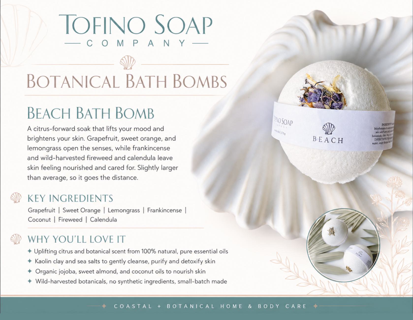 Tofino Soap Company Beach Bath Bomb package design with a white bath bomb, dried botanicals, a small jar, and descriptive text on a soft beige background.