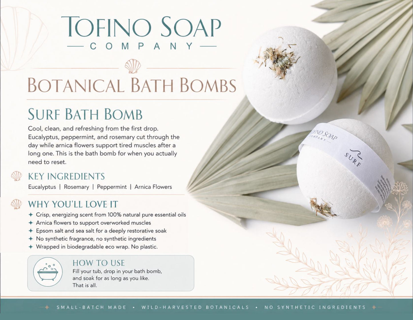 Tofino Soap Company Botanical Bath Bombs 'Surf Bath Bomb' packaging card with two round bath bombs wrapped in white paper, shown on a light beige background with botanical illustrations and product details.