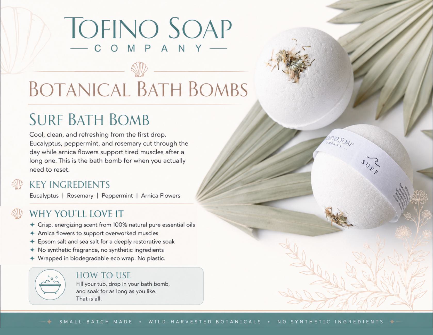 Tofino Soap Company Botanical Bath Bombs 'Surf Bath Bomb' packaging card with two round bath bombs wrapped in white paper, shown on a light beige background with botanical illustrations and product details.