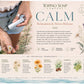 A branded product graphic for Tofino Soap Company's 'Relaxation & Stress Release' botanical blend. The design features a top photo of a hand holding a white tube with a lavender and chamomile cap, surrounded by daisies and lavender illustrations.