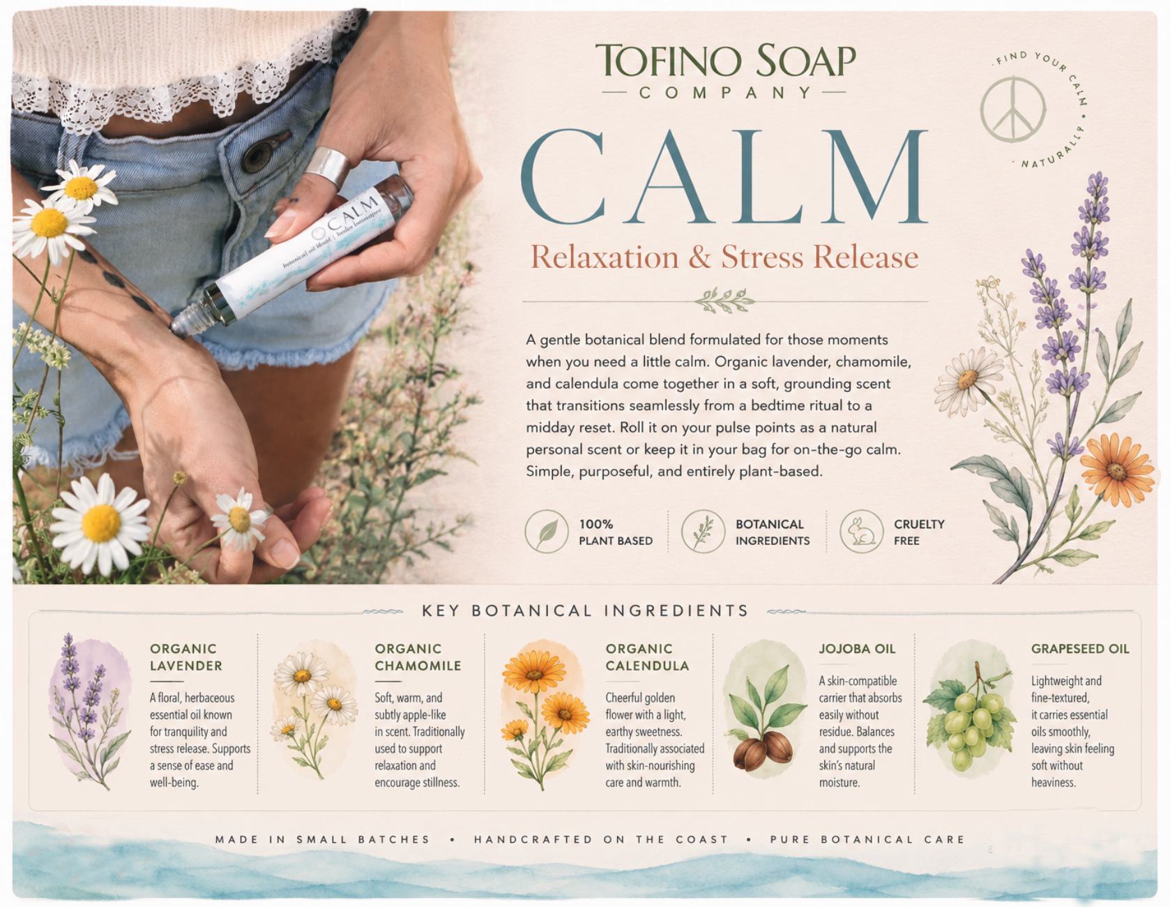 A branded product graphic for Tofino Soap Company's 'Relaxation & Stress Release' botanical blend. The design features a top photo of a hand holding a white tube with a lavender and chamomile cap, surrounded by daisies and lavender illustrations.