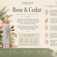 A botanical perfume oil label for Tofino Soap Company's 'Rose & Cedar' scent. The design features a cream background with illustrations of pink roses, green cedar foliage, and botanical elements.
