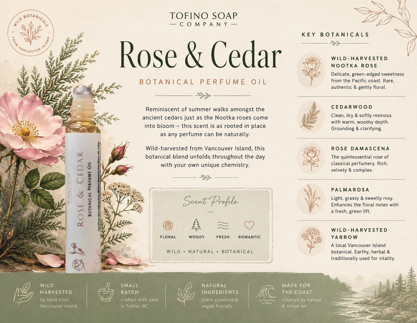 A botanical perfume oil label for Tofino Soap Company's 'Rose & Cedar' scent. The design features a cream background with illustrations of pink roses, green cedar foliage, and botanical elements.