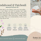 Promotional graphic for Tofino Soap Company's Sandalwood & Patchouli Botanical Perfume Oil. The left side features product information, illustrations of lavender and sandalwood, and a bottle of the oil.