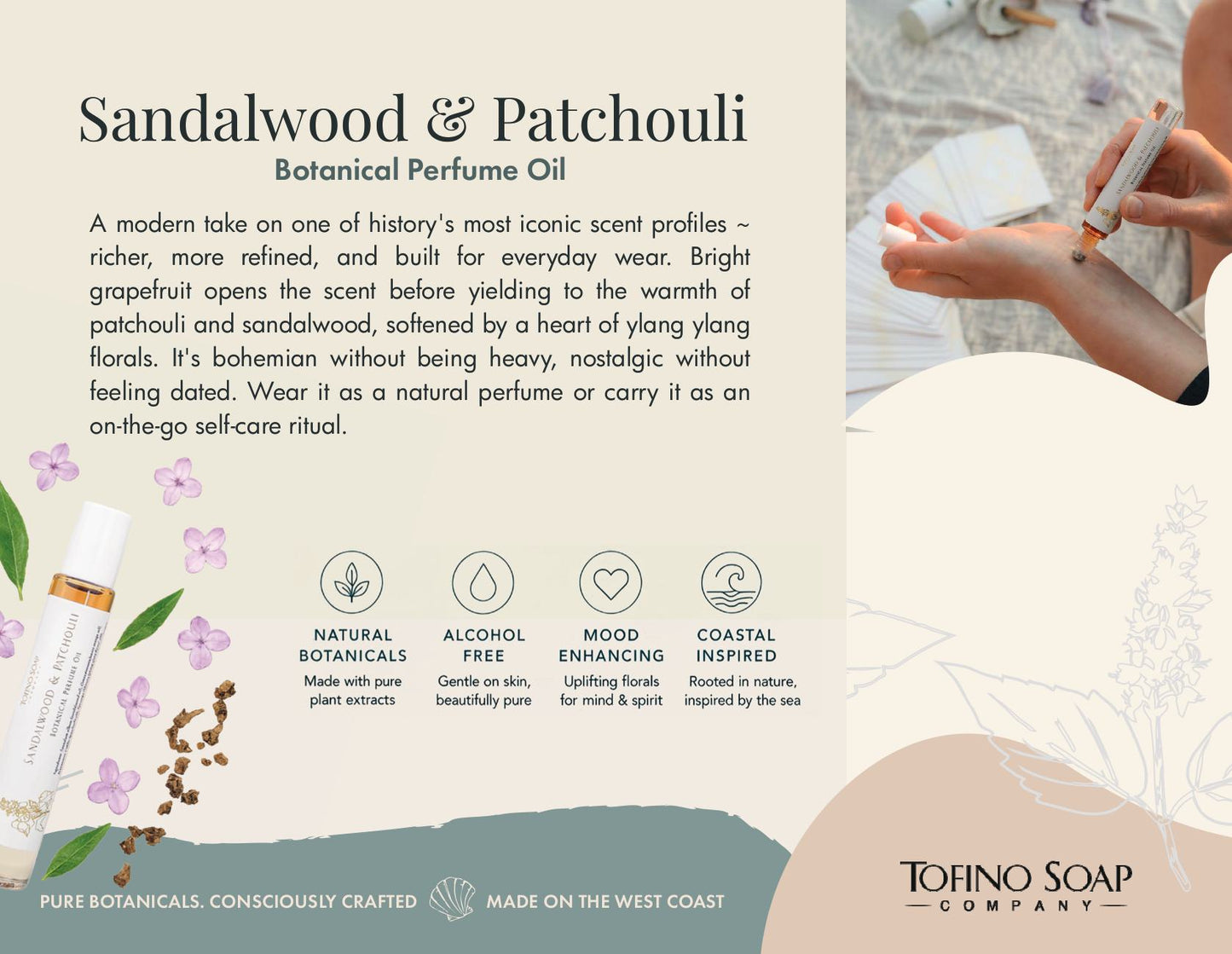 Promotional graphic for Tofino Soap Company's Sandalwood & Patchouli Botanical Perfume Oil. The left side features product information, illustrations of lavender and sandalwood, and a bottle of the oil.