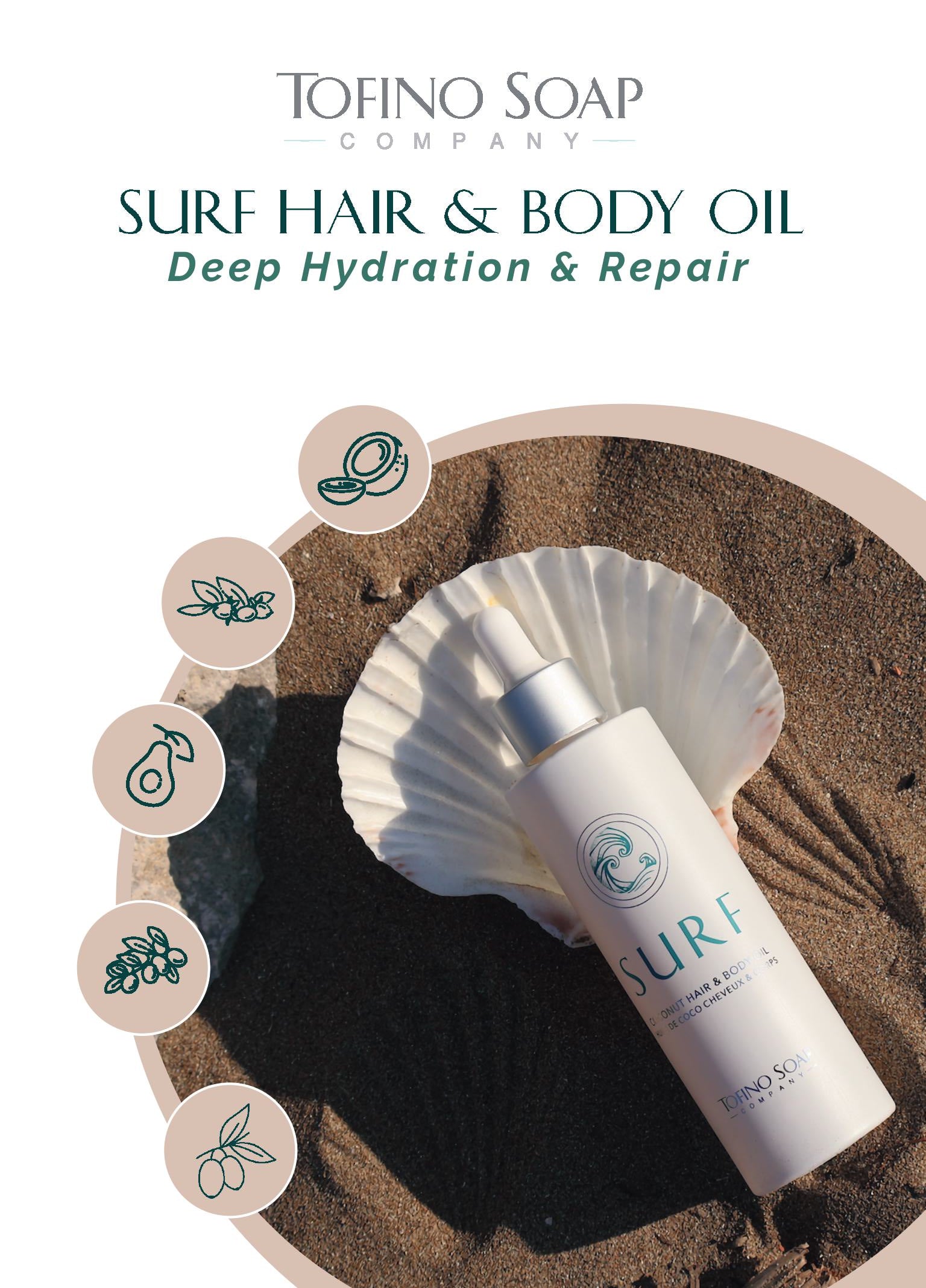 A bottle of Tofino Soap Surf Hair & Body Oil lies on a white seashell over dark sand, with four circular botanical icons around it and product text on the right side.