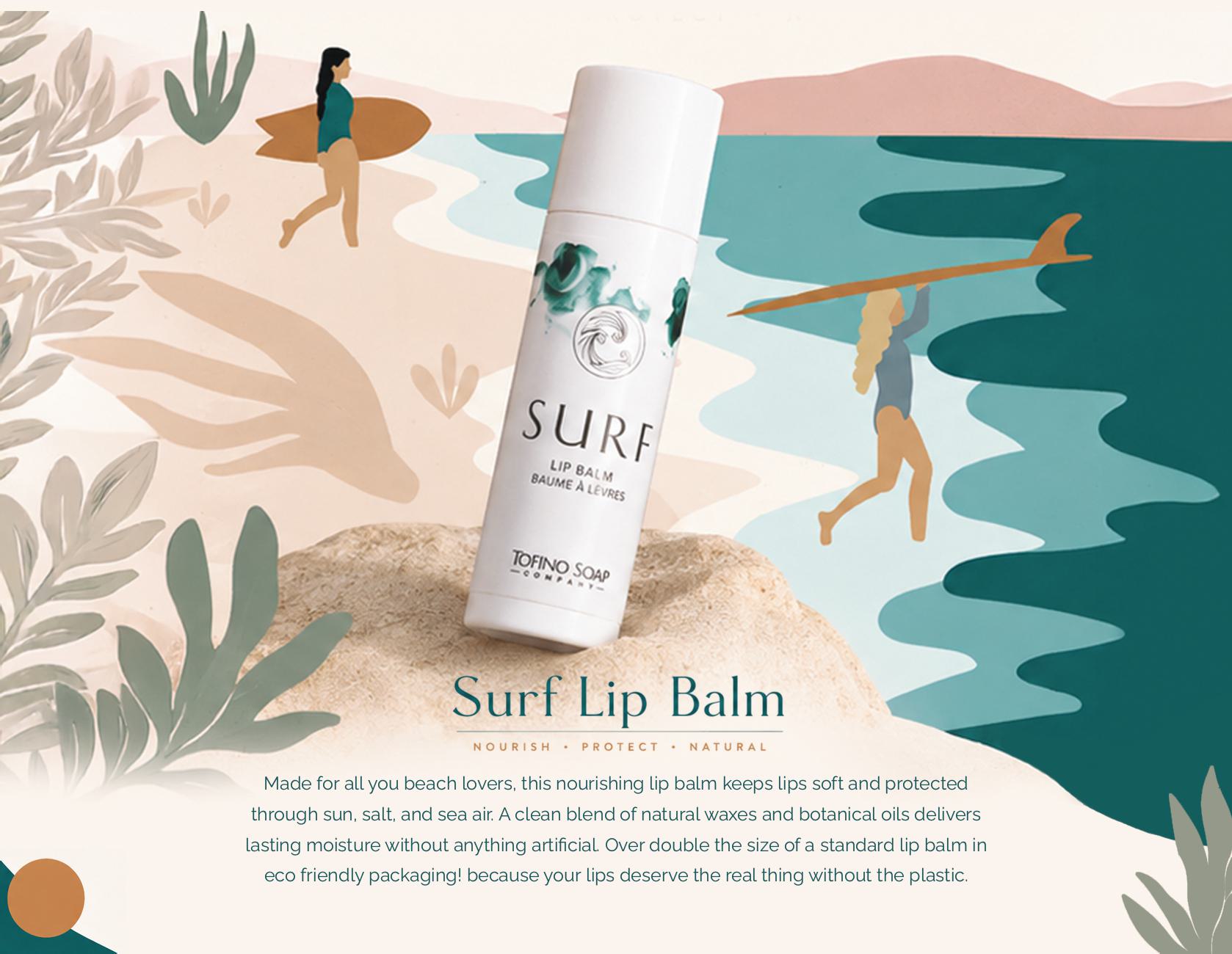 A white cylindrical lip balm bottle labeled SURF by Tropicaleaf Cosmetics, set against a stylized beach illustration with surfers, palm leaves, and teal water. Text below reads 'Surf Lip Balm' with a descriptive marketing paragraph.