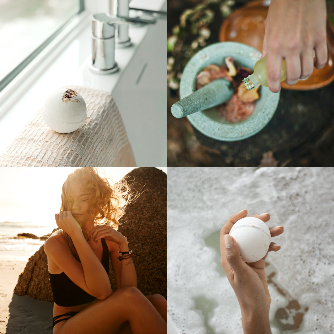 Natural botanical bath bomb dissolving in water by Tofino Soap Company